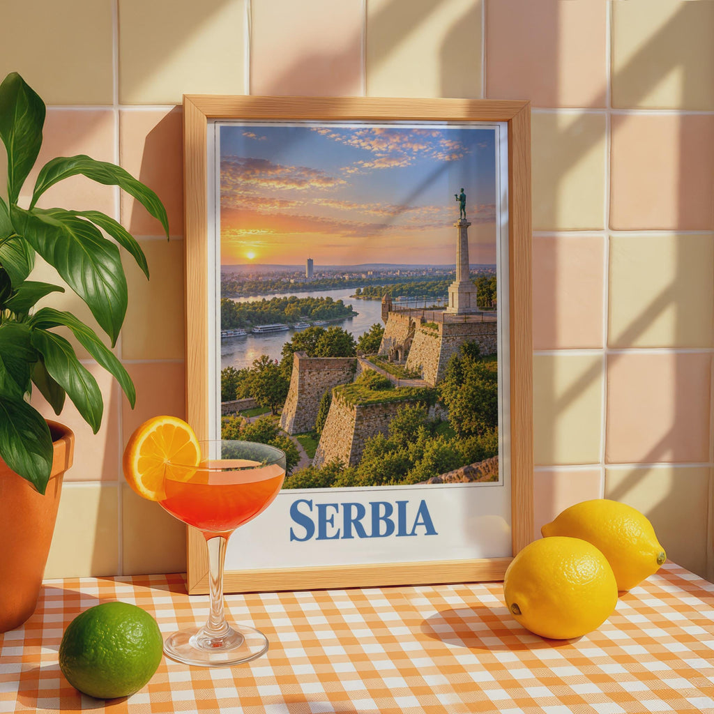 Serbia Travel Poster, Belgrade Fortress Sunset, Victor Monument Wall Art (Printed Poster)