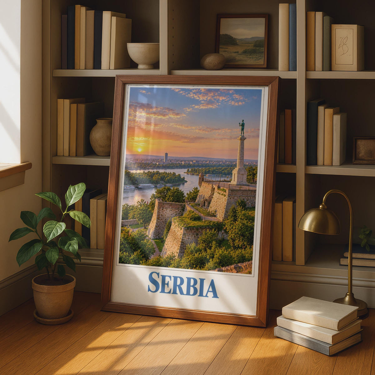 Serbia Travel Poster, Belgrade Fortress Sunset, Victor Monument Wall Art (Printed Poster)