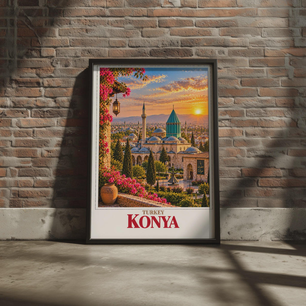 Konya Turkey Travel Poster, Mevlana Museum, Whirling Dervish, Sunset Skyline (Printed Poster)