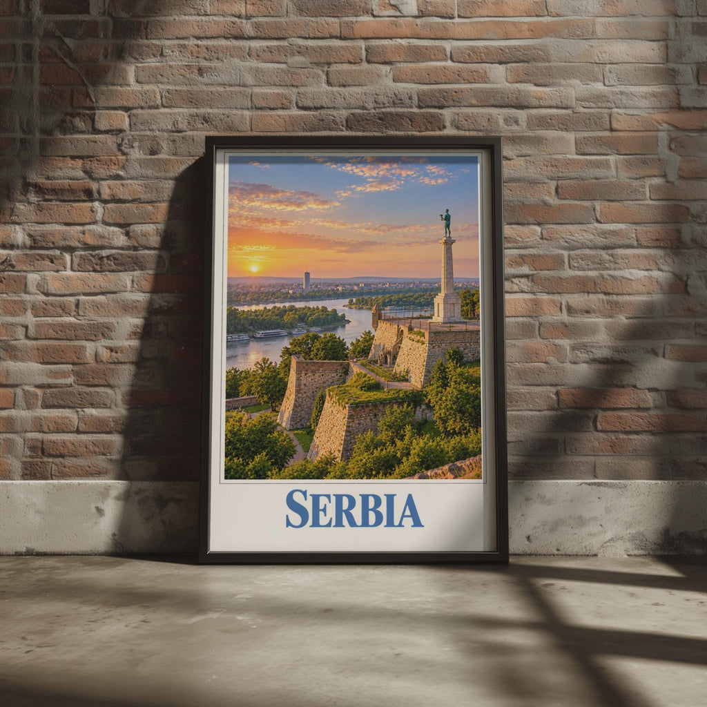 Serbia Travel Poster, Belgrade Fortress Sunset, Victor Monument Wall Art (Printed Poster)