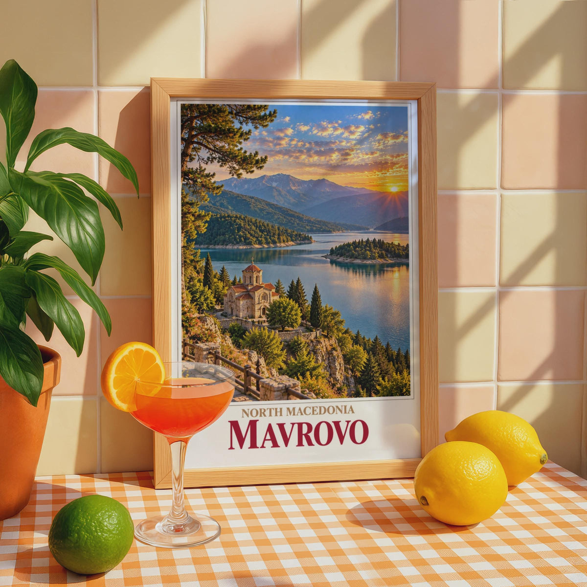 Mavrovo Lake Church Sunset Poster, North Macedonia Travel Art, Balkans Mountain Landscape Print