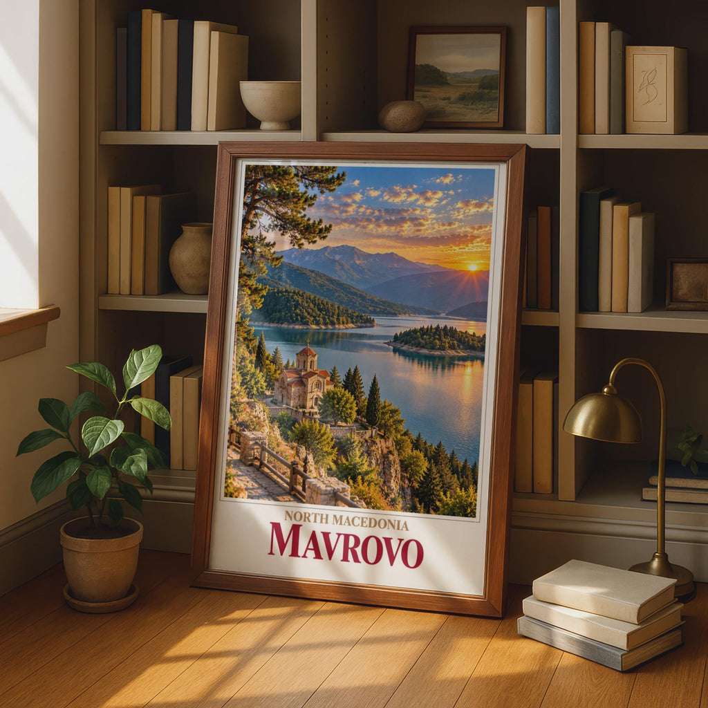 Mavrovo Lake Church Sunset Poster, North Macedonia Travel Art, Balkans Mountain Landscape Print