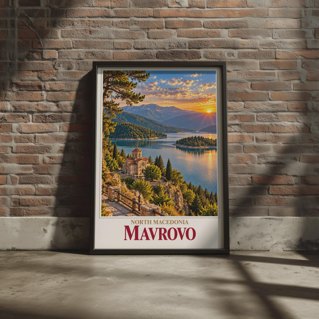 Mavrovo Lake Church Sunset Poster, North Macedonia Travel Art, Balkans Mountain Landscape Print