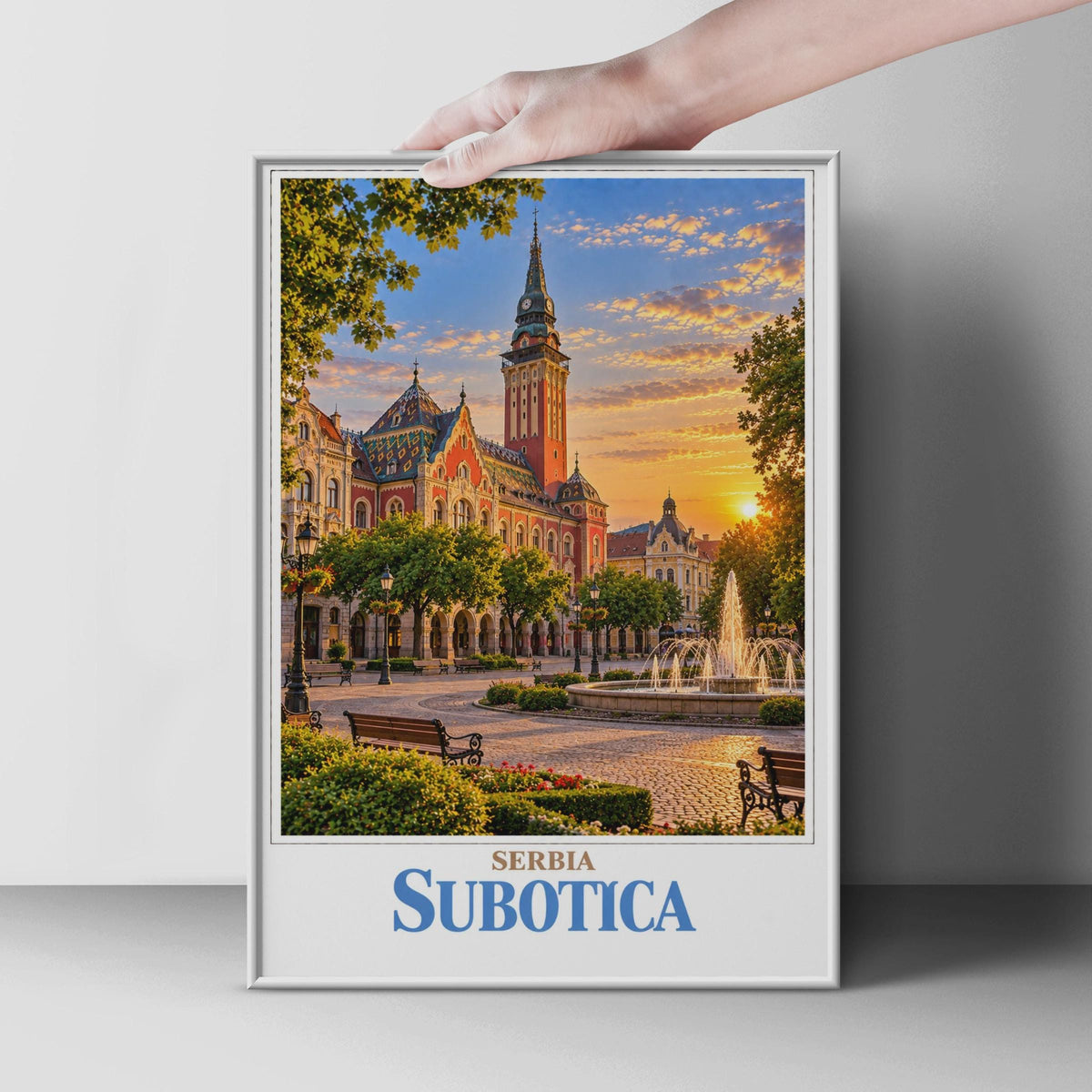 Subotica Serbia Travel Poster, Art Nouveau City Hall Sunset Print, Balkan Europe Wall Art