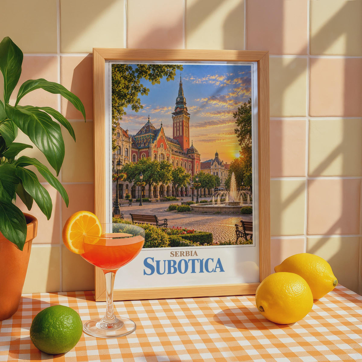 Subotica Serbia Travel Poster, Art Nouveau City Hall Sunset Print, Balkan Europe Wall Art