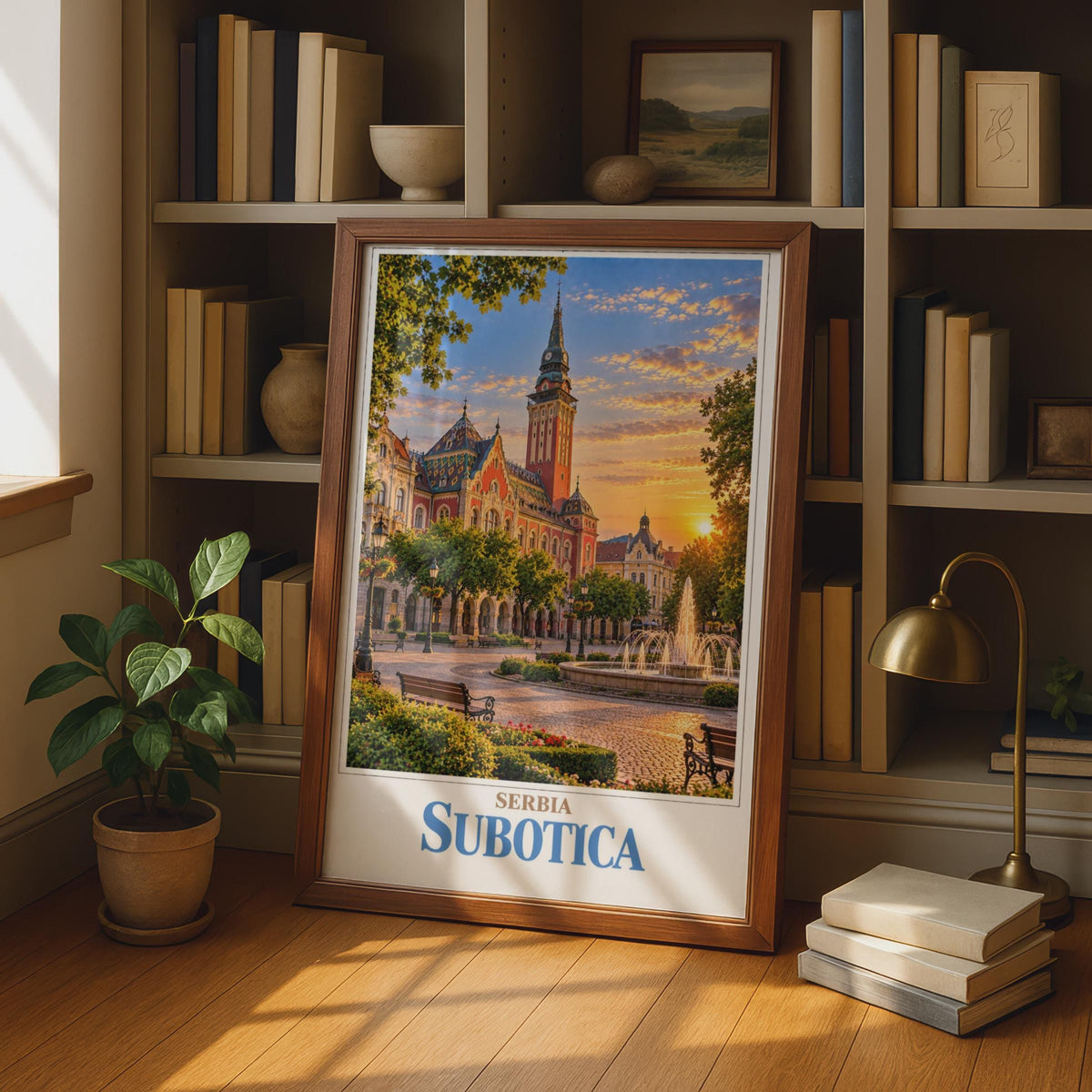 Subotica Serbia Travel Poster, Art Nouveau City Hall Sunset Print, Balkan Europe Wall Art