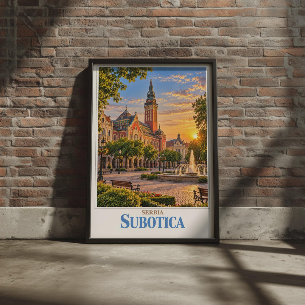 Subotica Serbia Travel Poster, Art Nouveau City Hall Sunset Print, Balkan Europe Wall Art