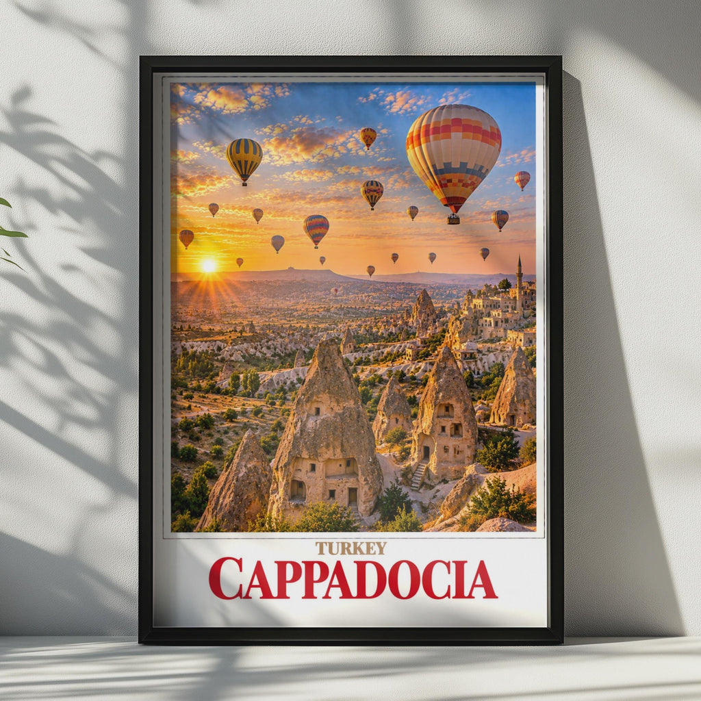 Cappadocia Turkey Travel Poster, Hot Air Balloons, Fairy Chimneys, Cave Dwellings (Printed)