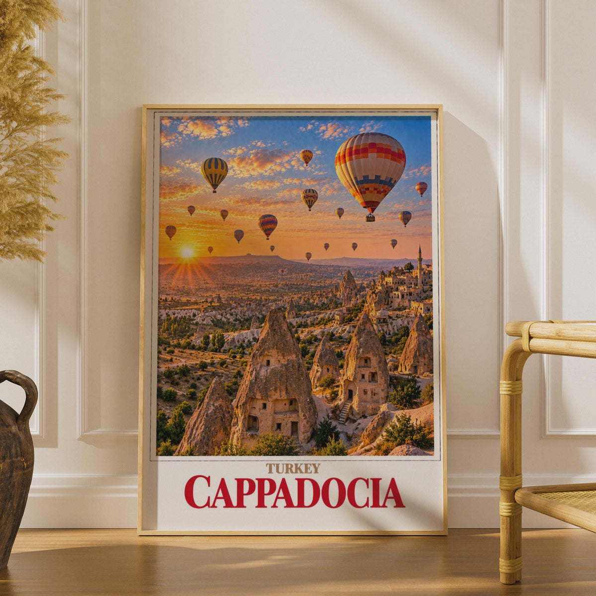 Cappadocia Turkey Travel Poster, Hot Air Balloons, Fairy Chimneys, Cave Dwellings (Printed)