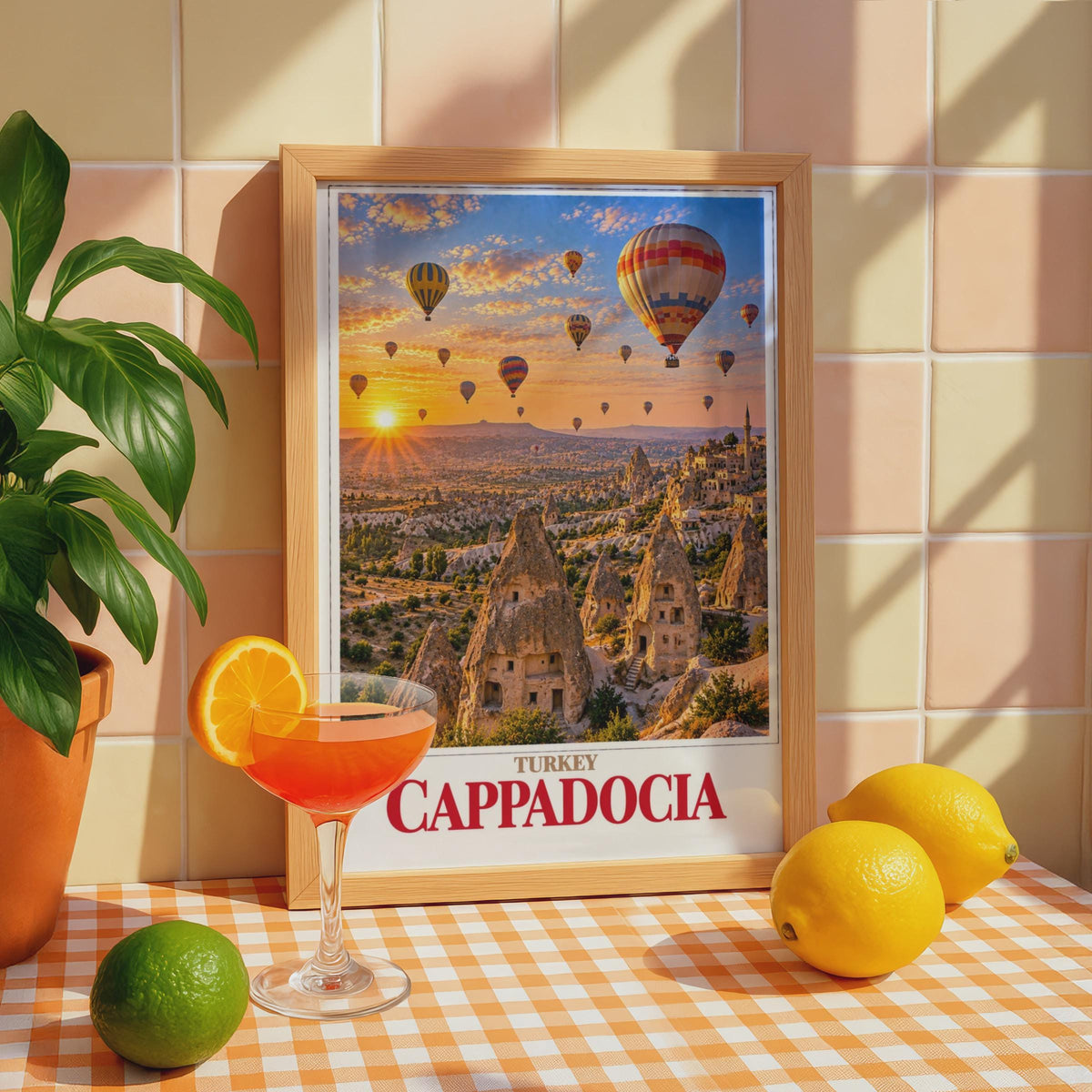Cappadocia Turkey Travel Poster, Hot Air Balloons, Fairy Chimneys, Cave Dwellings (Printed)