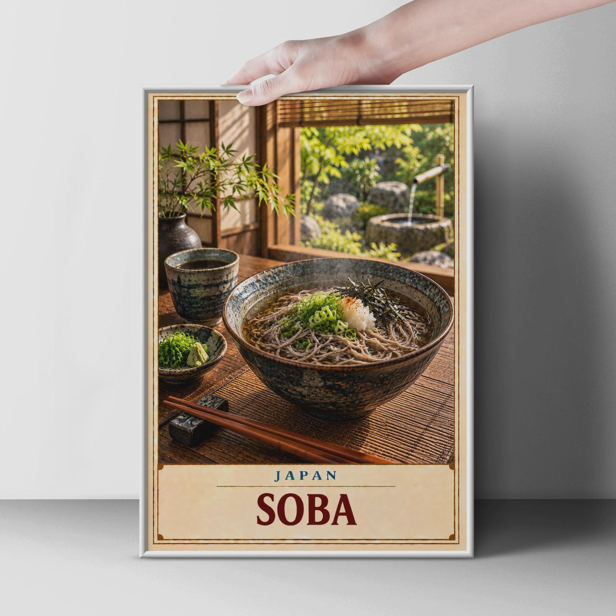 Japanese Soba Noodle Poster, Zen Garden, Warm Tones (Physical Print)