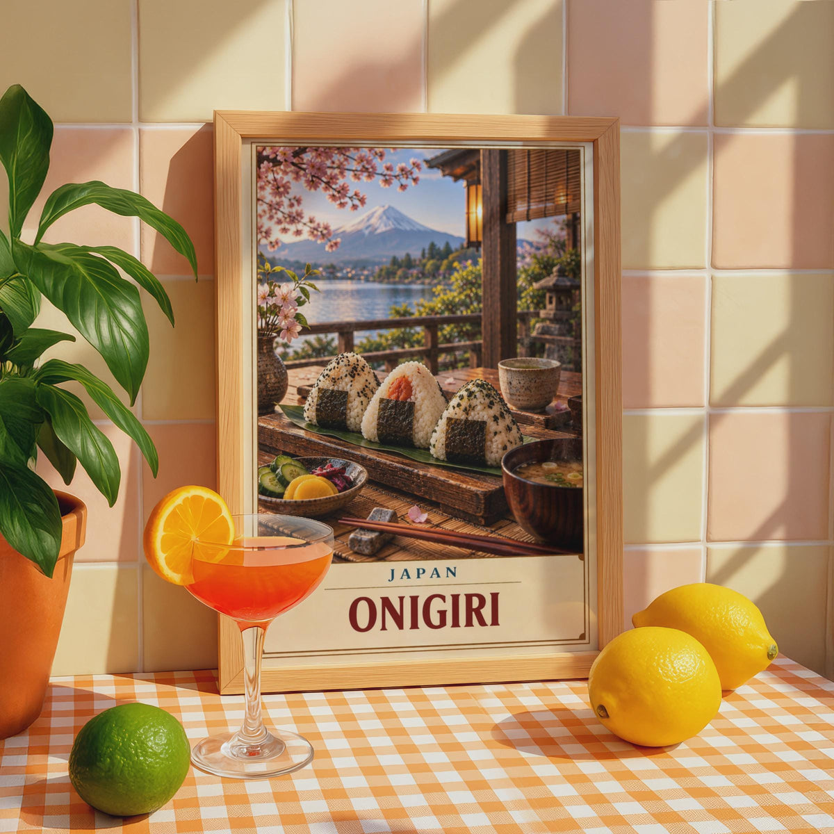 Japan Onigiri Poster, Mount Fuji, Cherry Blossom, Bamboo Tray (Printed Poster)