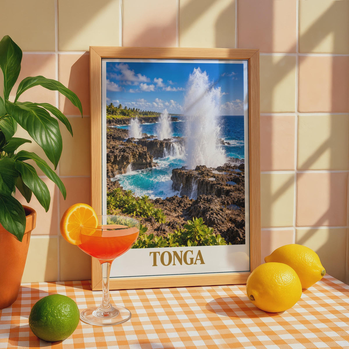 Tonga Travel Poster, South Pacific Blowholes, Tropical Coastal Print (Physical)