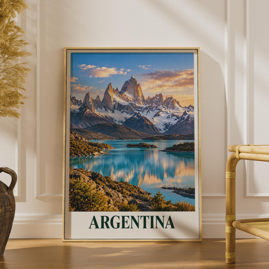 Argentina Patagonia Travel Poster, Fitz Roy Mountain Lake Print, South America Landscape Wall Art