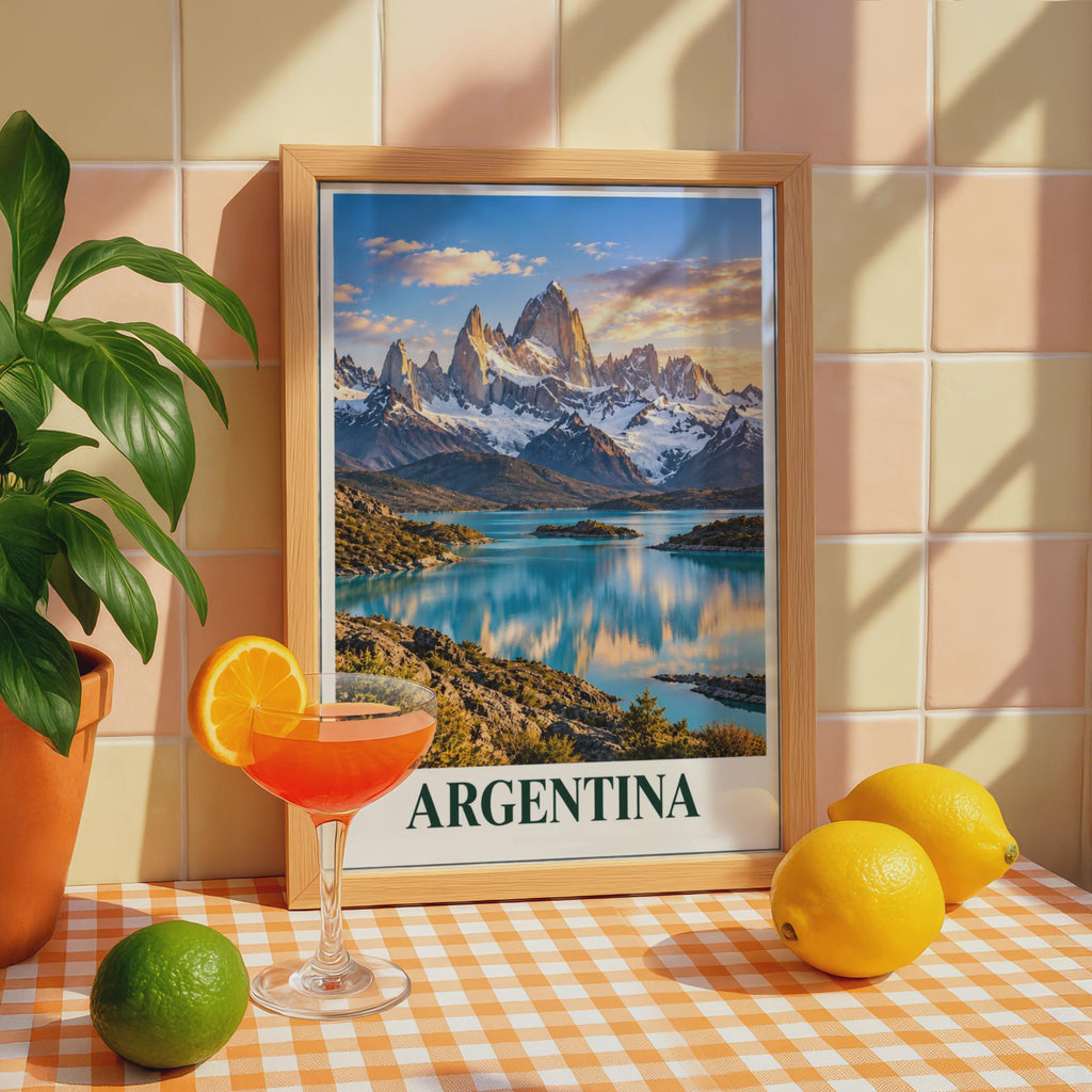 Argentina Patagonia Travel Poster, Fitz Roy Mountain Lake Print, South America Landscape Wall Art