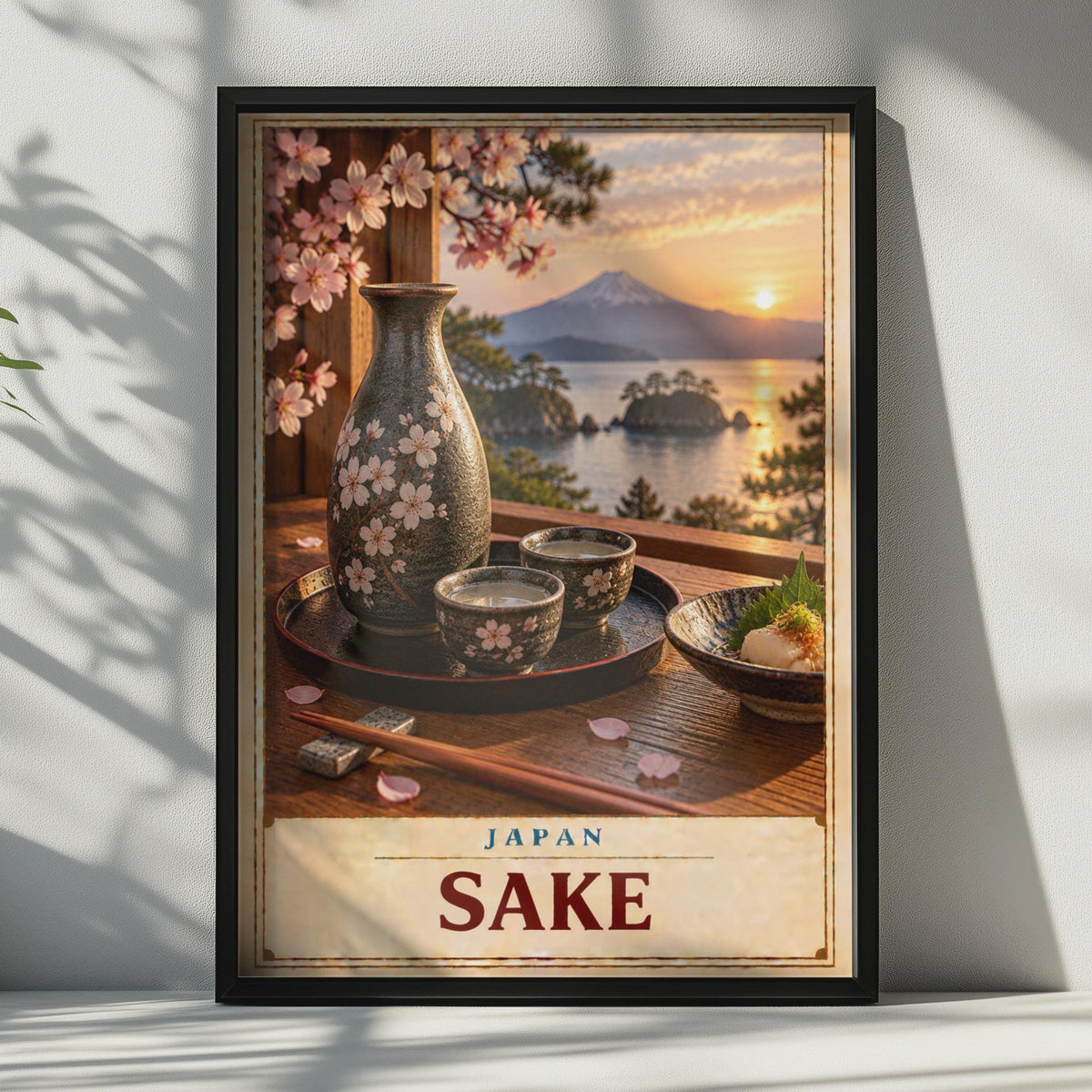 Japan Sake Poster, Mount Fuji, Cherry Blossom Sunset, Vintage Travel Art