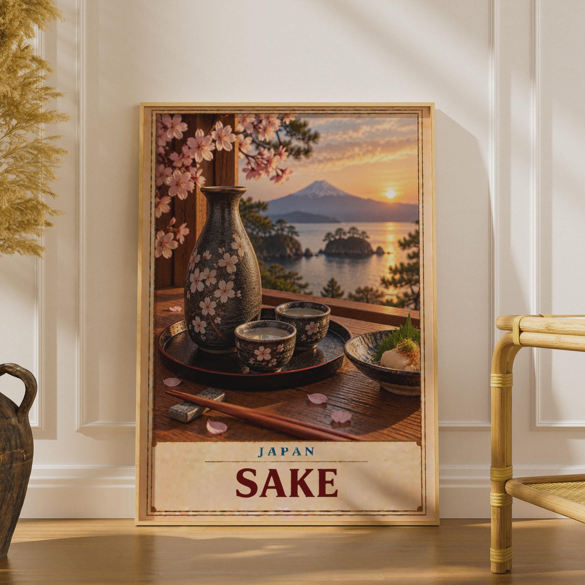 Japan Sake Poster, Mount Fuji, Cherry Blossom Sunset, Vintage Travel Art
