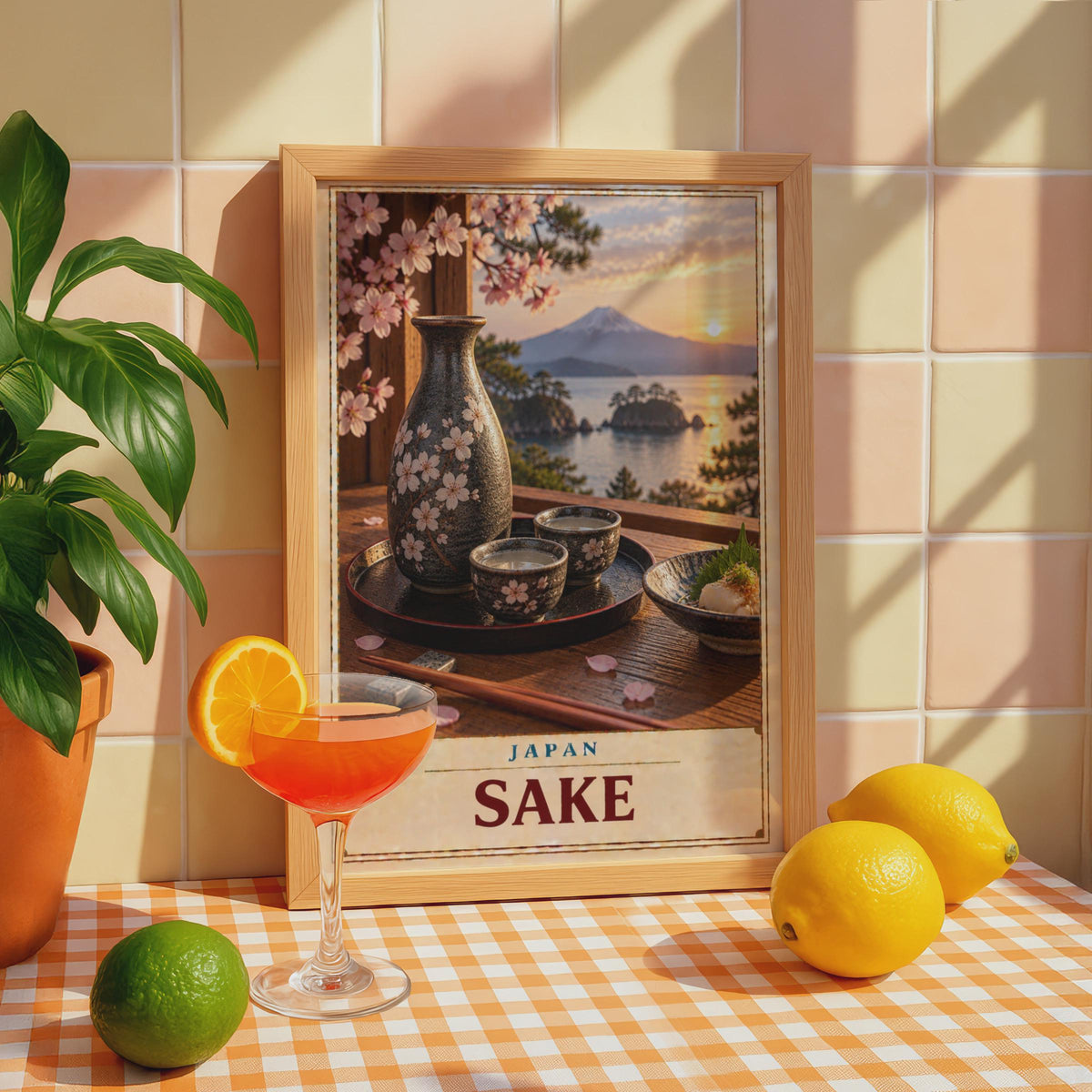 Japan Sake Poster, Mount Fuji, Cherry Blossom Sunset, Vintage Travel Art