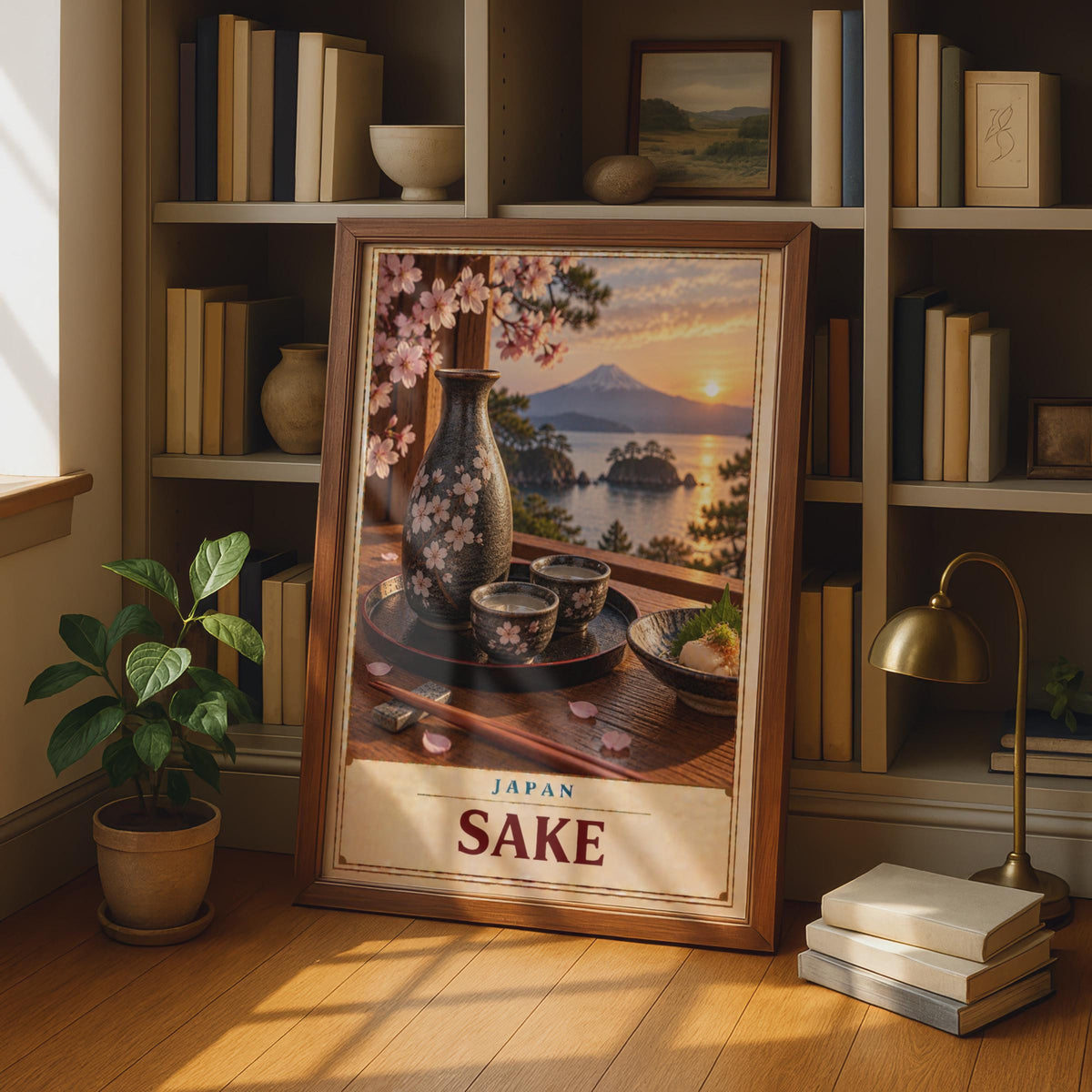 Japan Sake Poster, Mount Fuji, Cherry Blossom Sunset, Vintage Travel Art