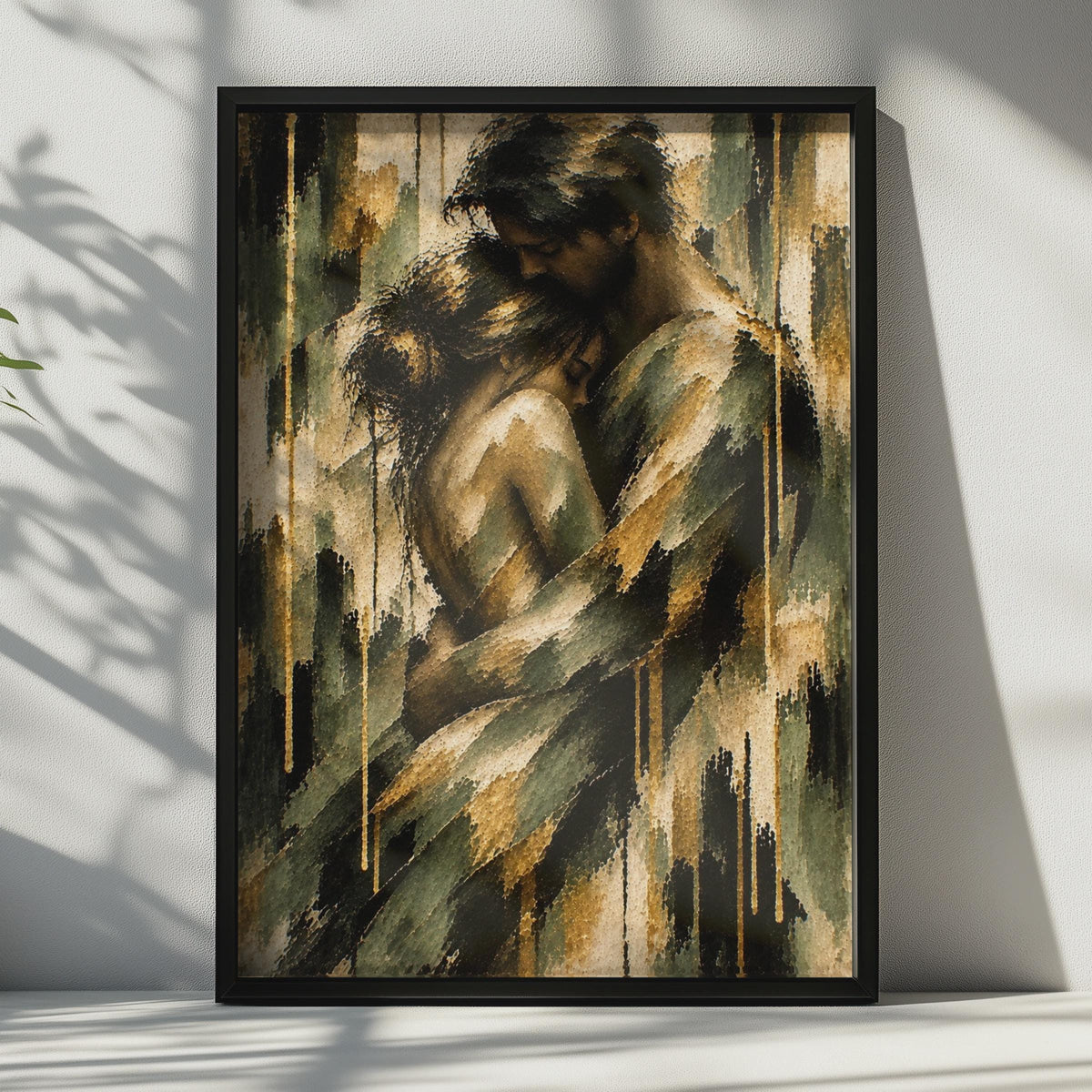 Romantic Abstract Couple Embrace Poster, Gold Green Drip Painting Print (Physical Print)