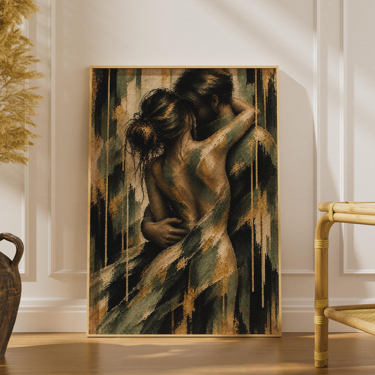 Romantic Couple Embrace Poster, Textured Figurative Art, Gold Green Tones (Printed Poster)