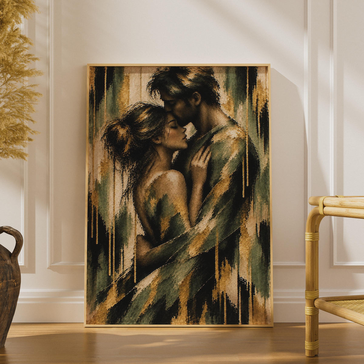Romantic Couple Embrace Poster, Gold Black Mosaic Art Print, Bedroom Decor