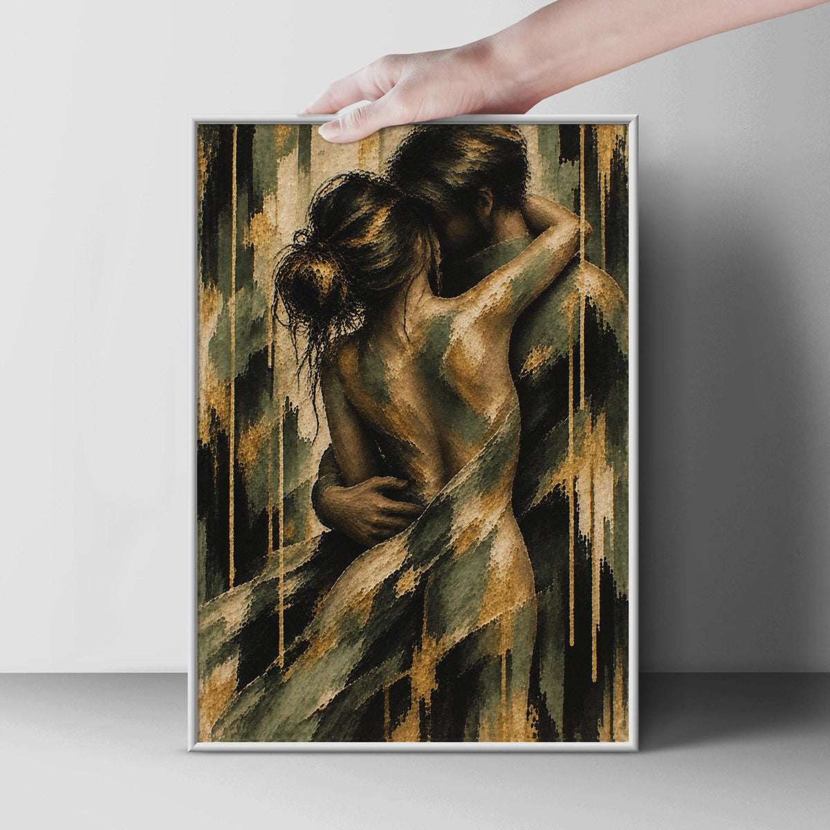 Romantic Couple Embrace Poster, Textured Figurative Art, Gold Green Tones (Printed Poster)