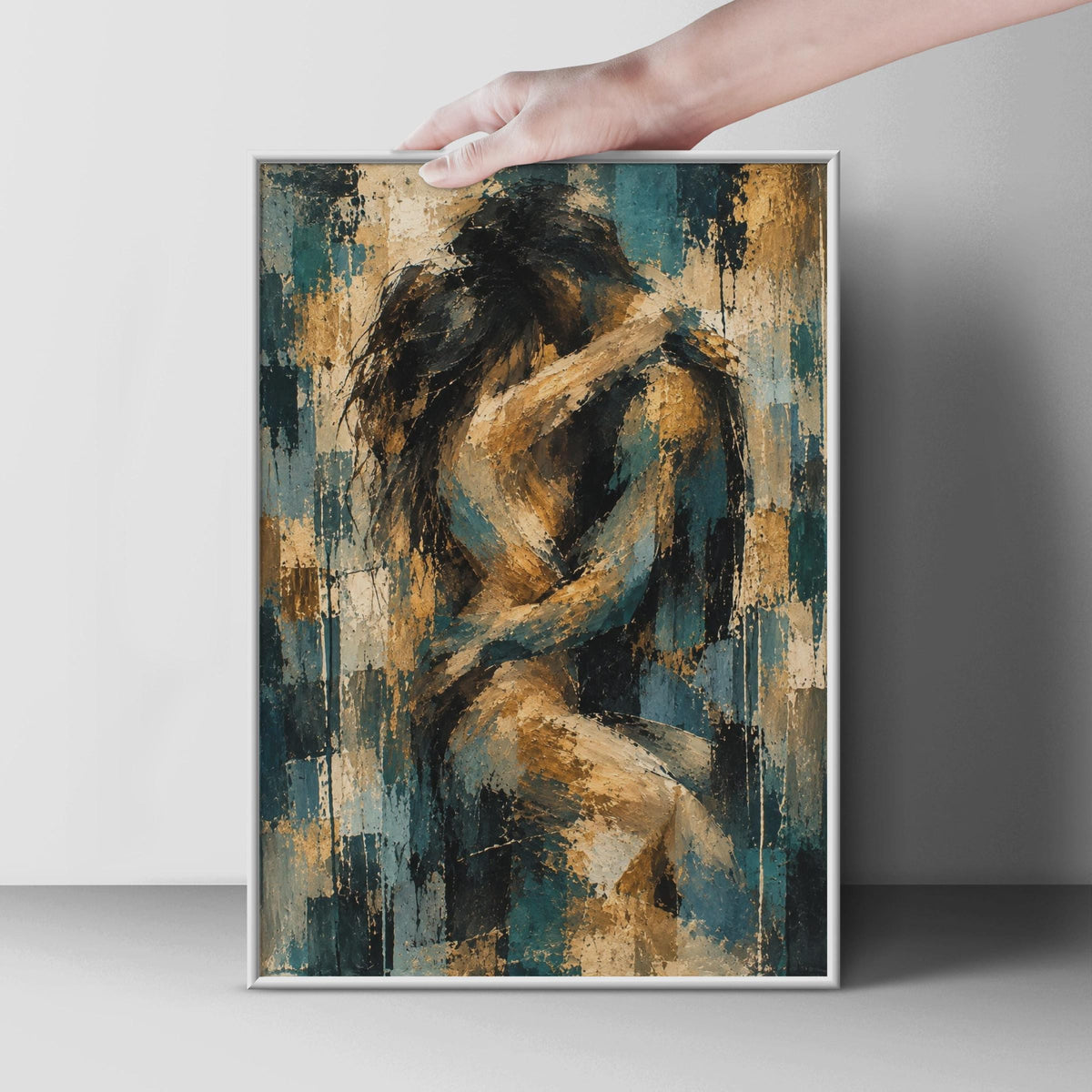 Abstract Couple Embrace Poster, Teal Gold Figure Print, Romantic Bedroom Art