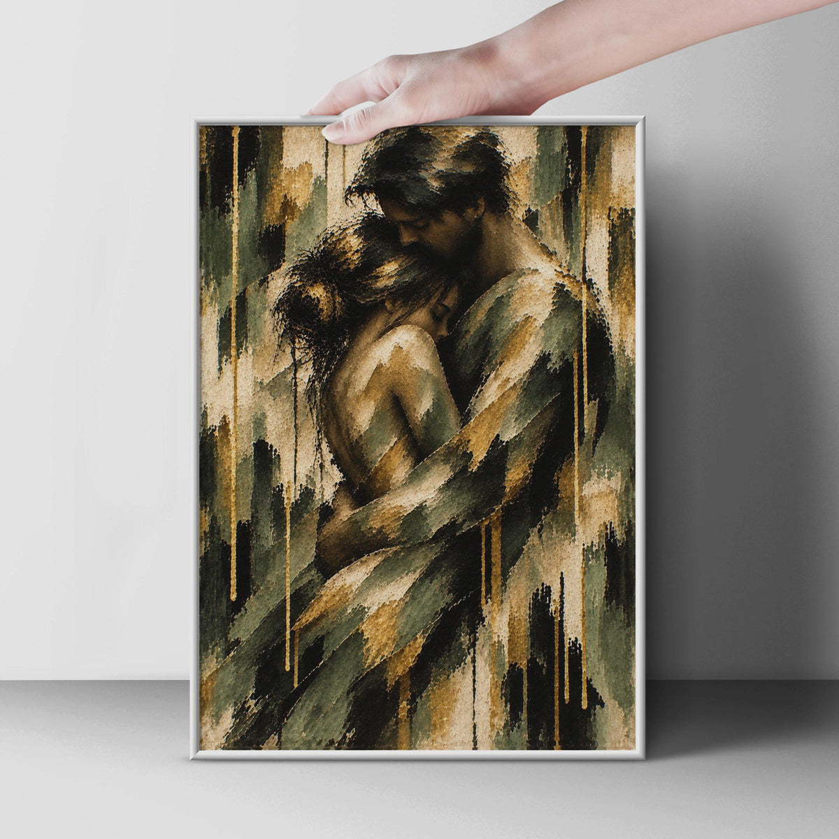 Romantic Abstract Couple Embrace Poster, Gold Green Drip Painting Print (Physical Print)