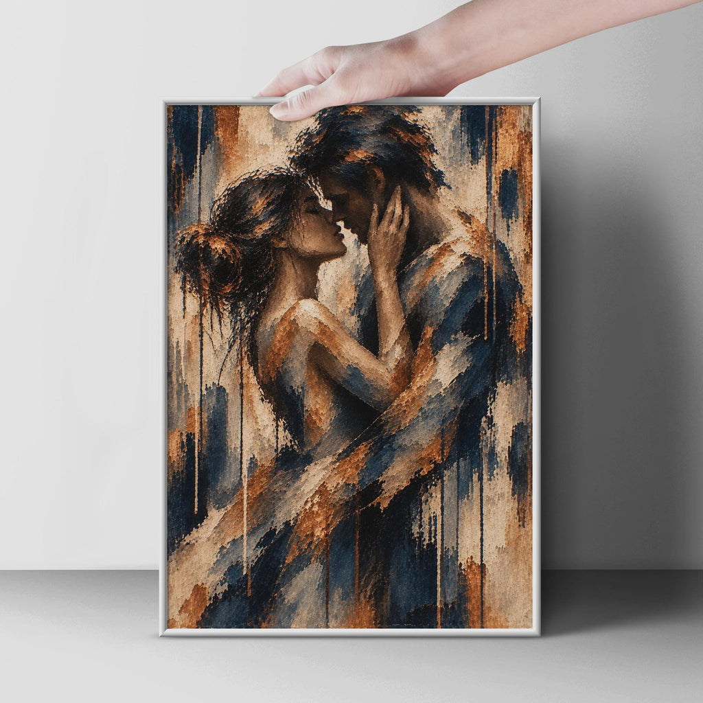 Romantic Couple Embrace Poster, Navy Blue Copper Abstract Figurative Print (Physical Print)