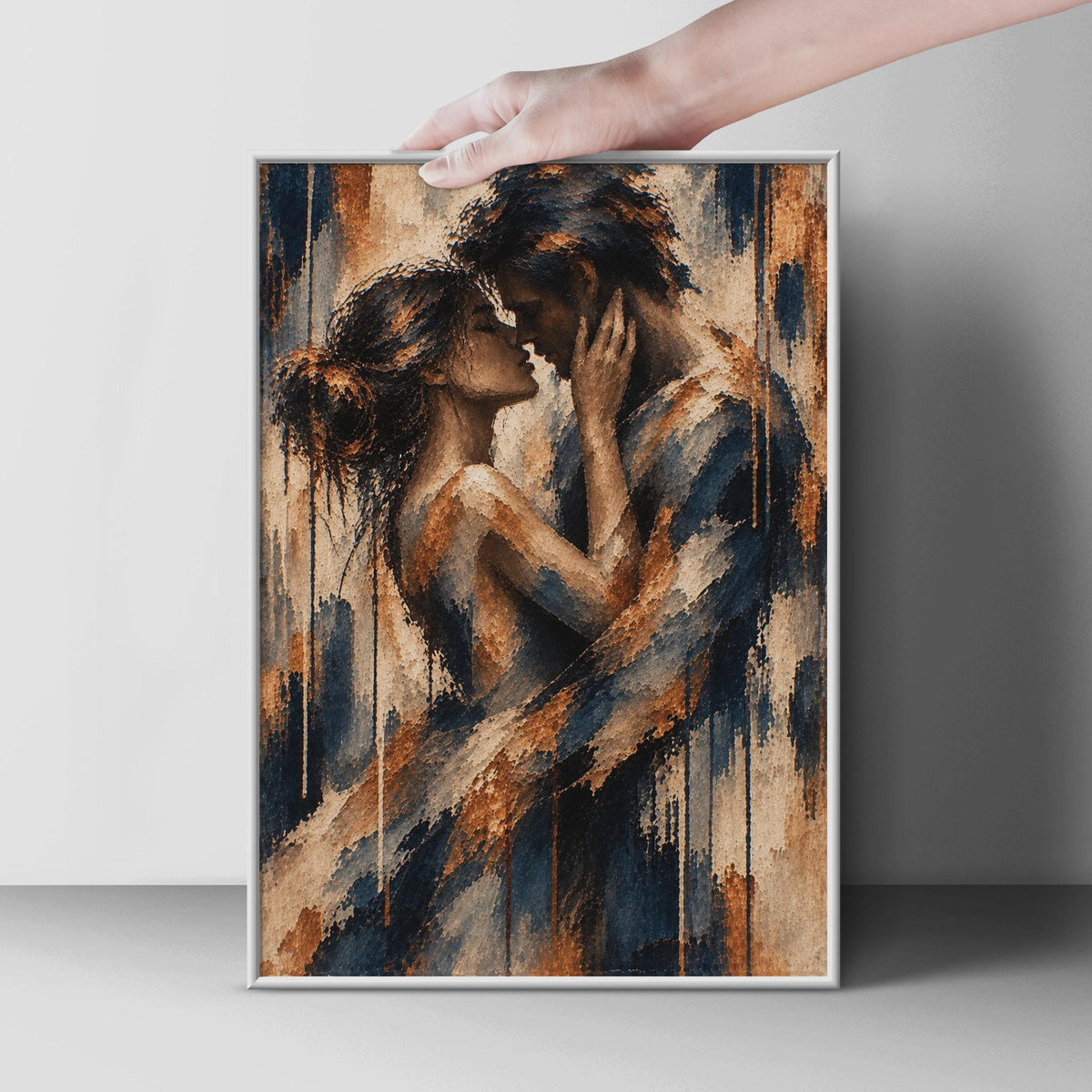 Romantic Couple Embrace Poster, Navy Blue Copper Abstract Figurative Print (Physical Print)
