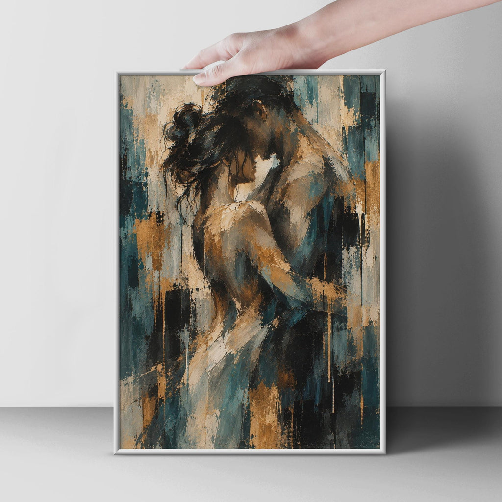 Abstract Couple Embrace Poster, Teal Gold Figurative Art Print, Bedroom Decor