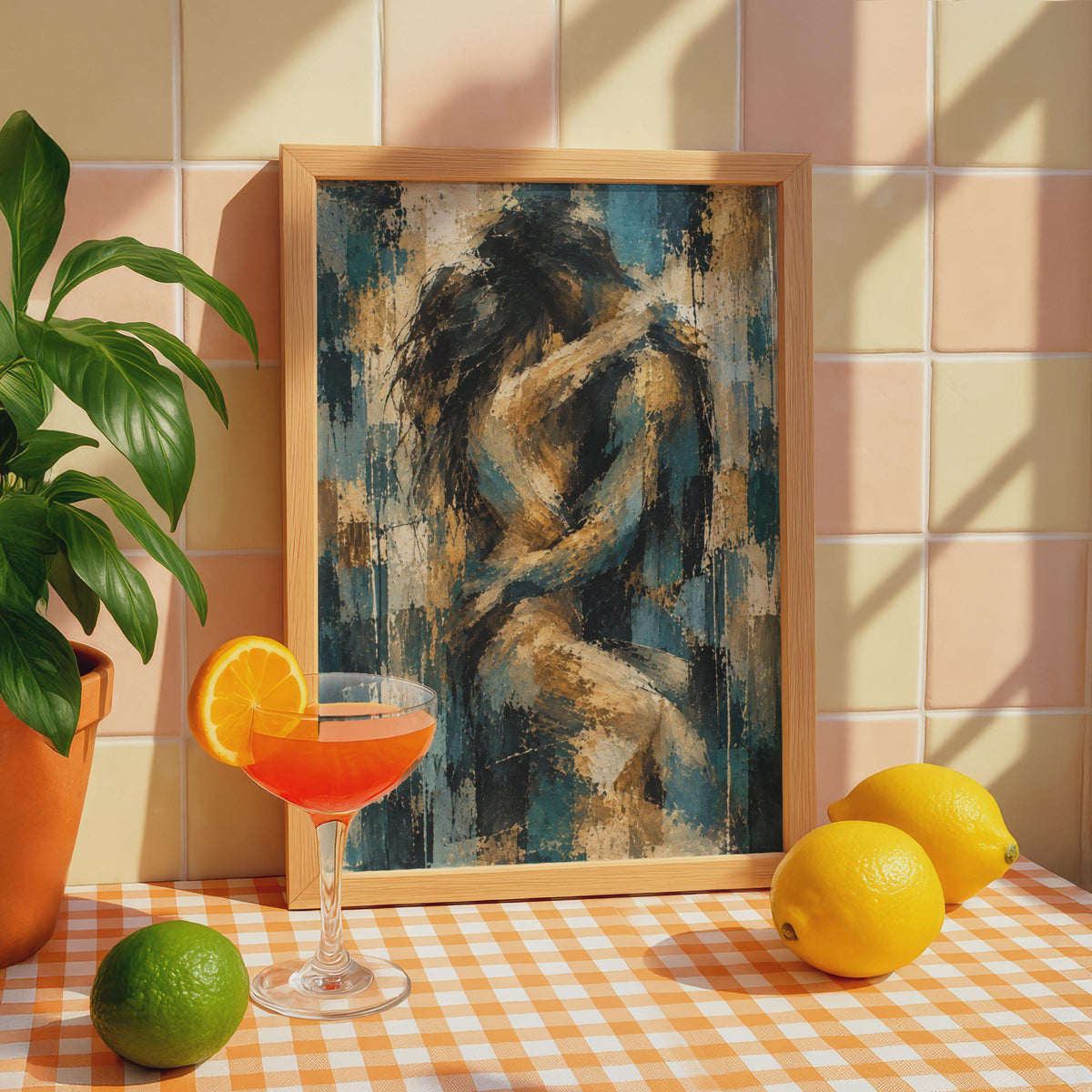 Abstract Couple Embrace Poster, Teal Gold Figure Print, Romantic Bedroom Art