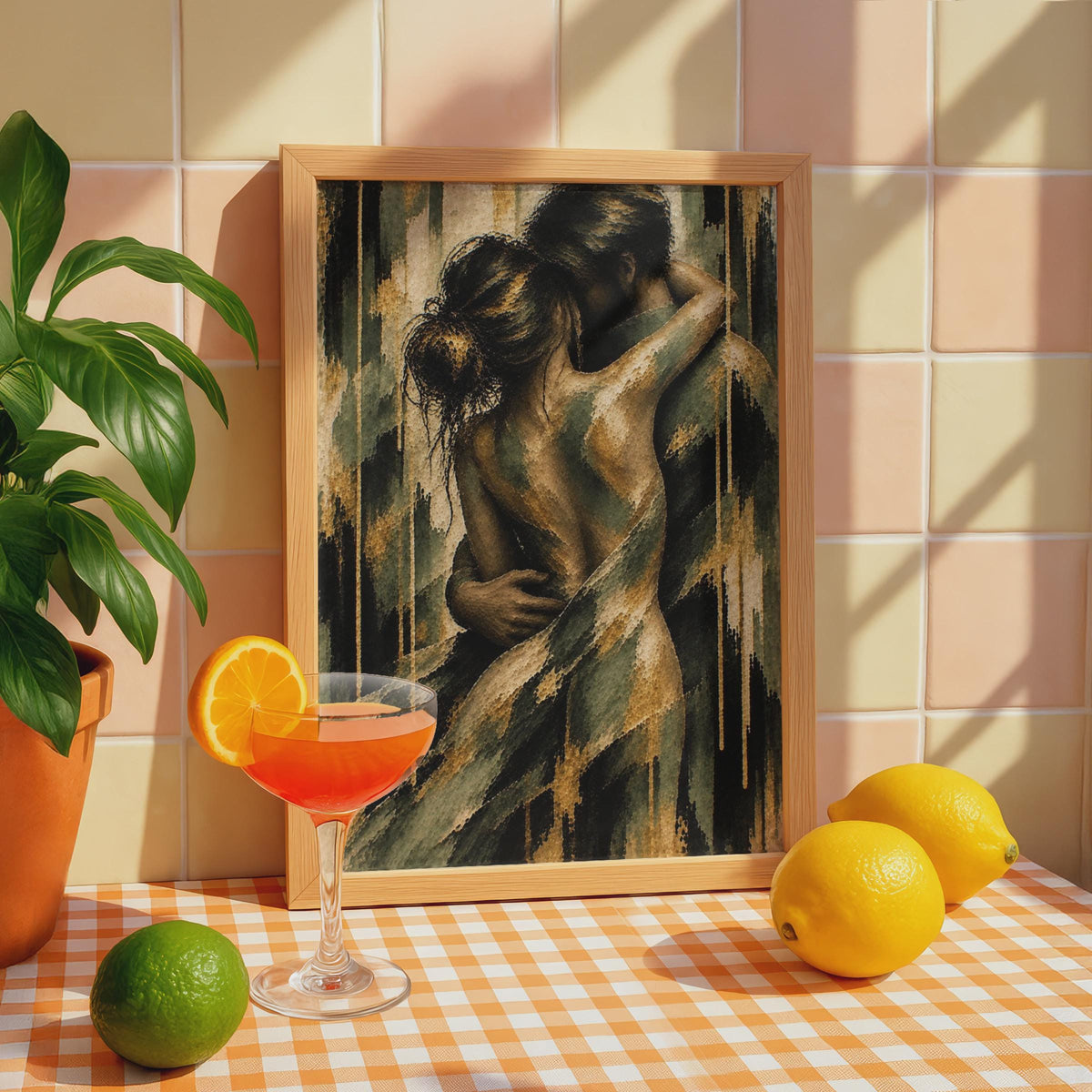 Romantic Couple Embrace Poster, Textured Figurative Art, Gold Green Tones (Printed Poster)
