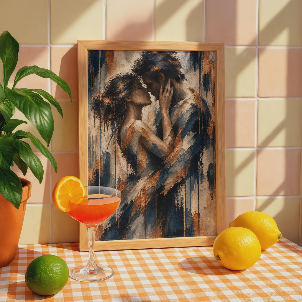 Romantic Couple Embrace Poster, Navy Blue Copper Abstract Figurative Print (Physical Print)