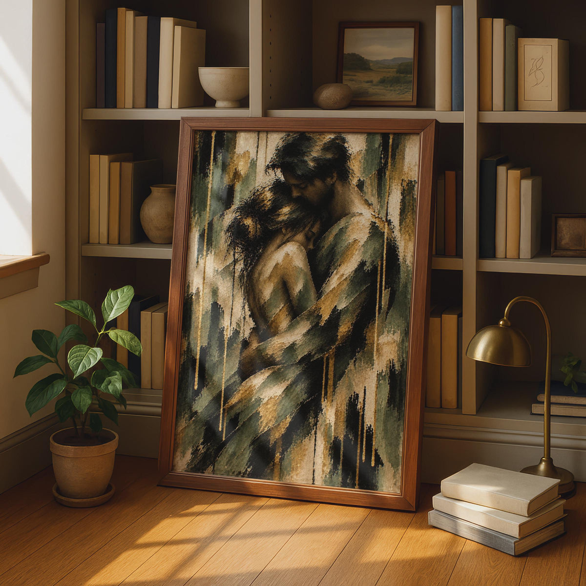 Romantic Abstract Couple Embrace Poster, Gold Green Drip Painting Print (Physical Print)