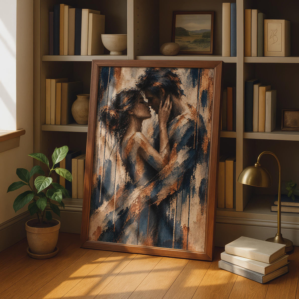 Romantic Couple Embrace Poster, Navy Blue Copper Abstract Figurative Print (Physical Print)