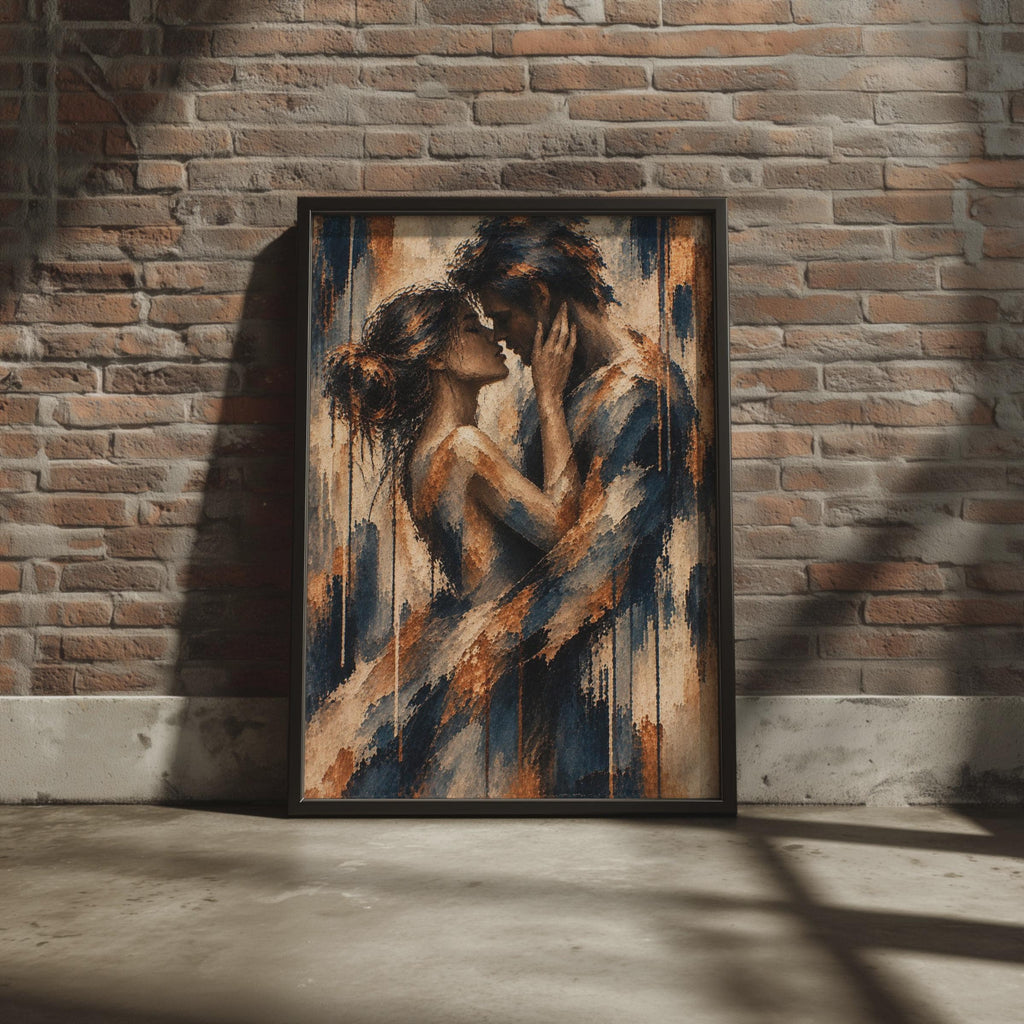 Romantic Couple Embrace Poster, Navy Blue Copper Abstract Figurative Print (Physical Print)