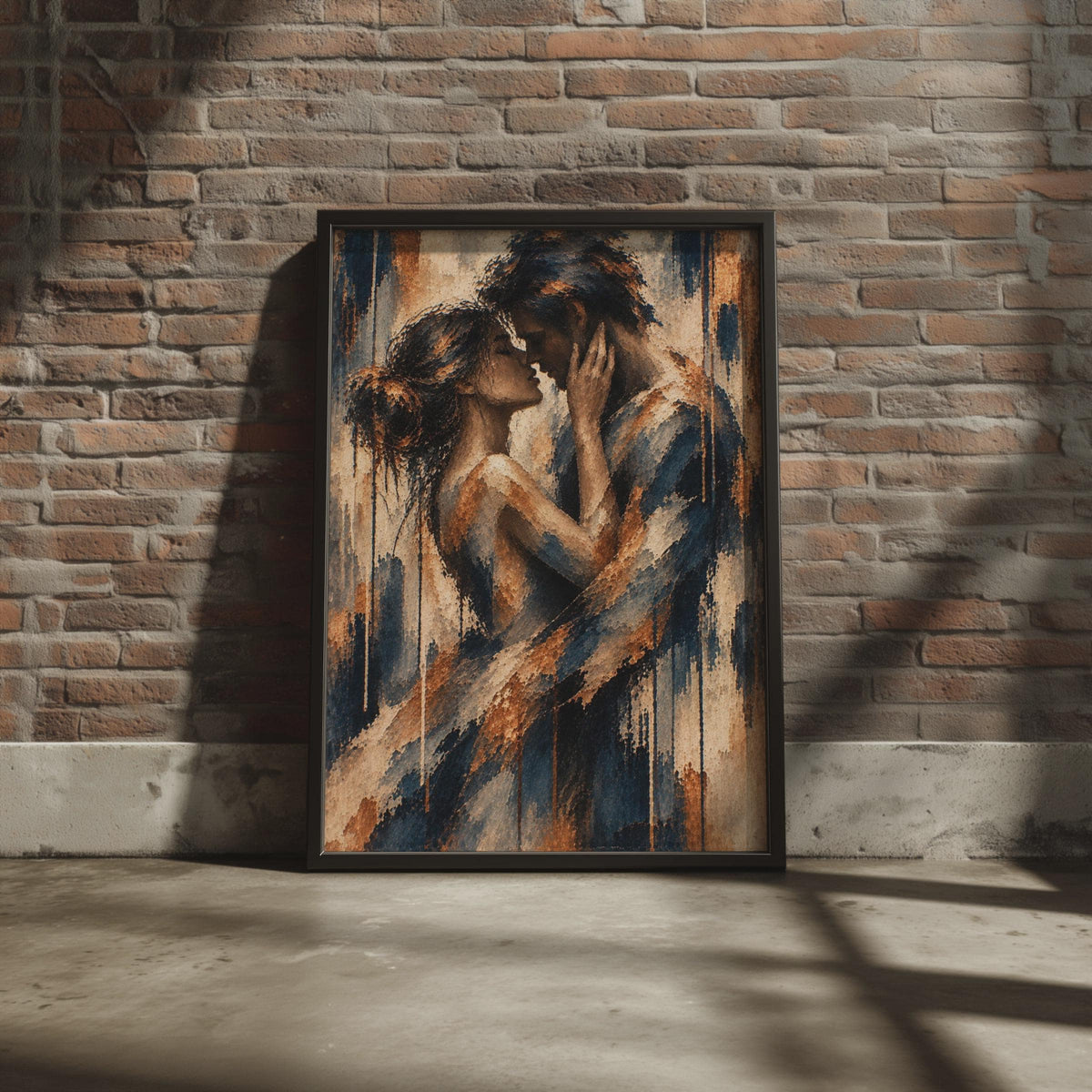 Romantic Couple Embrace Poster, Navy Blue Copper Abstract Figurative Print (Physical Print)