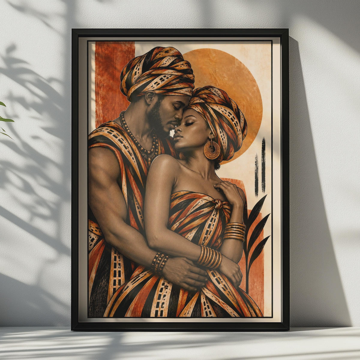 African Couple Embrace Poster, Terracotta Boho Sun Print, Cultural Wall Art (Physical Print)