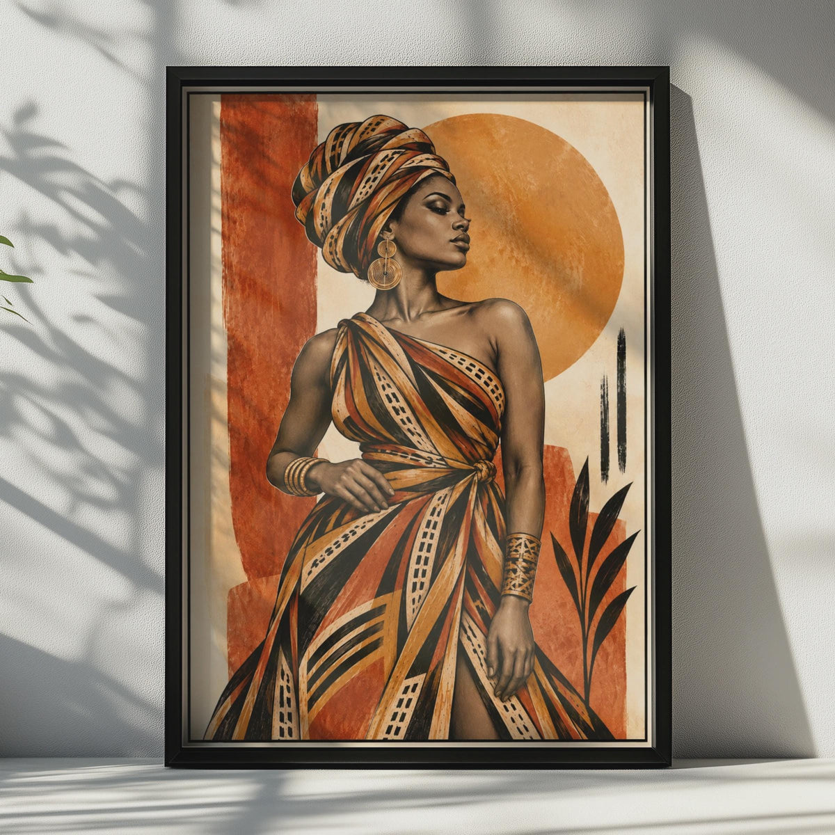 African Woman Portrait Poster, Tribal Wrap Dress, Earthy Tones, Boho Living Room Art Print