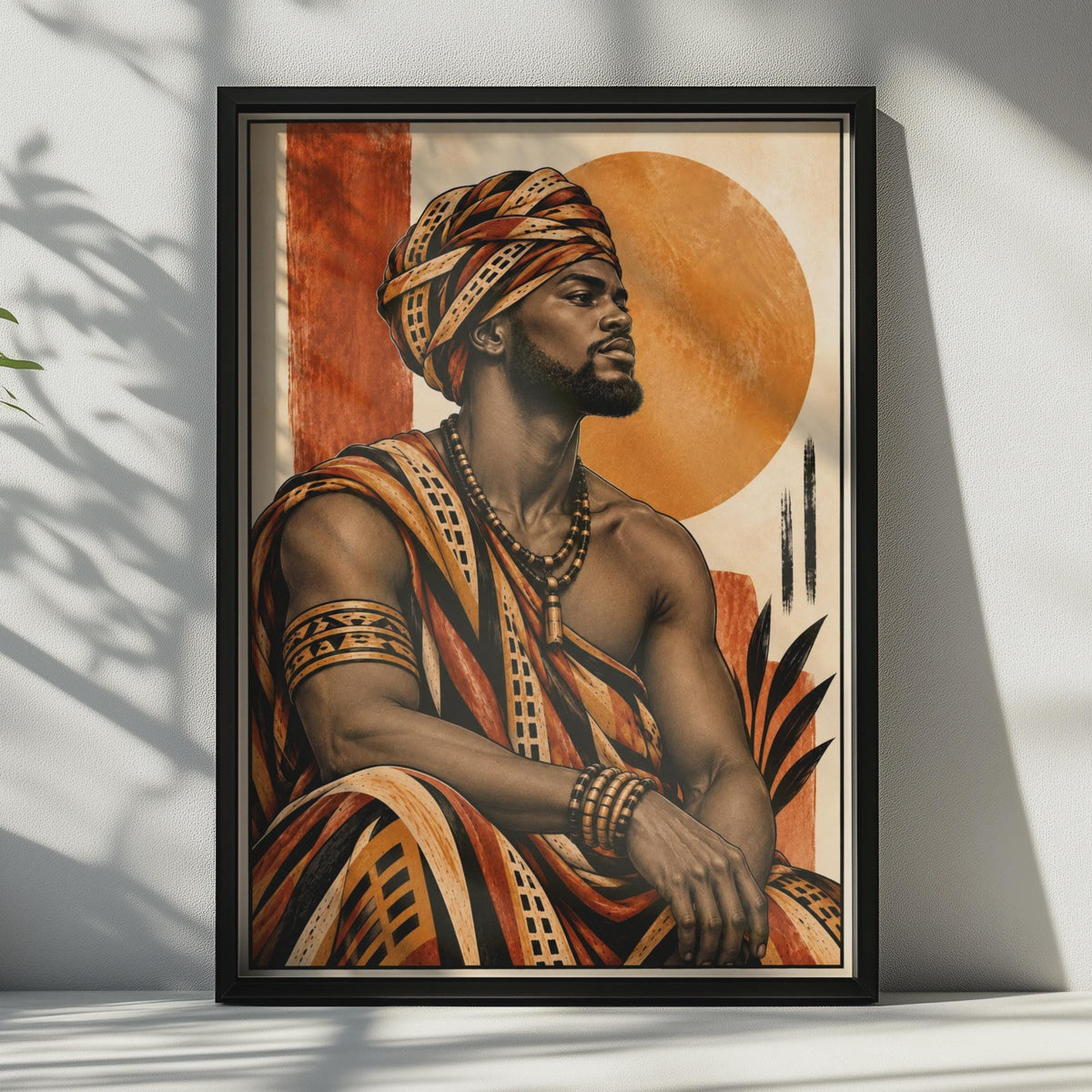 African King Portrait Poster, Terracotta Burnt Orange Tribal Warrior Art (Printed)