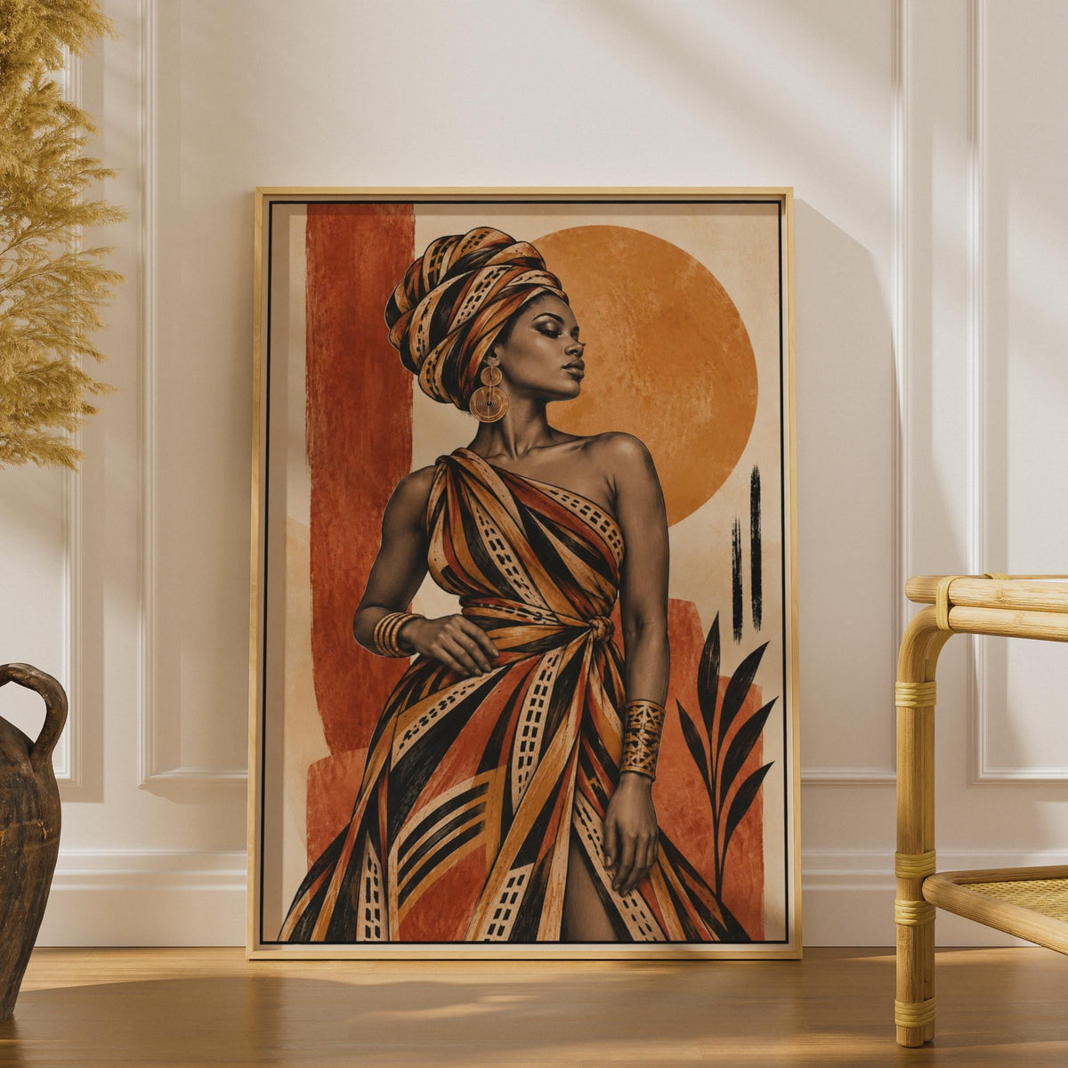 African Woman Portrait Poster, Tribal Wrap Dress, Earthy Tones, Boho Living Room Art Print
