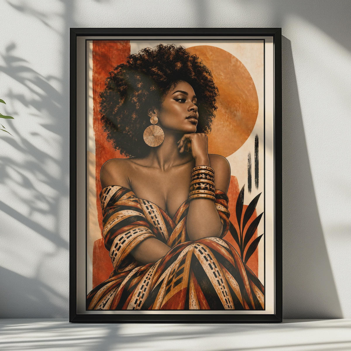 African Woman Portrait Poster, Afro Hair Art, Terracotta Boho Wall Art (Printed)