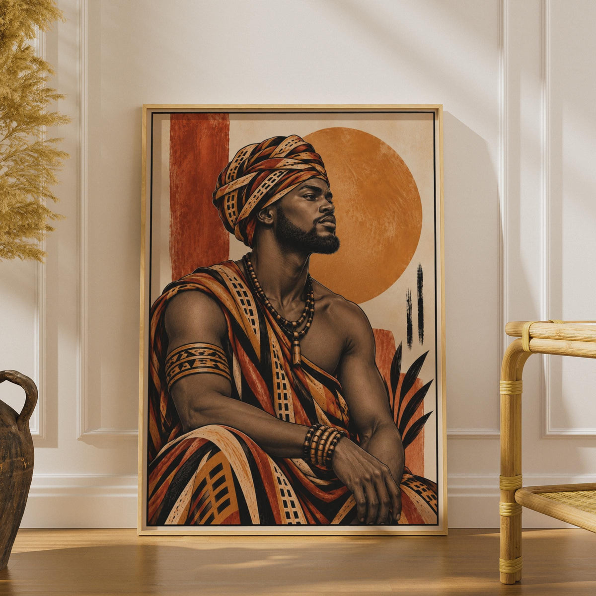 African King Portrait Poster, Terracotta Burnt Orange Tribal Warrior Art (Printed)
