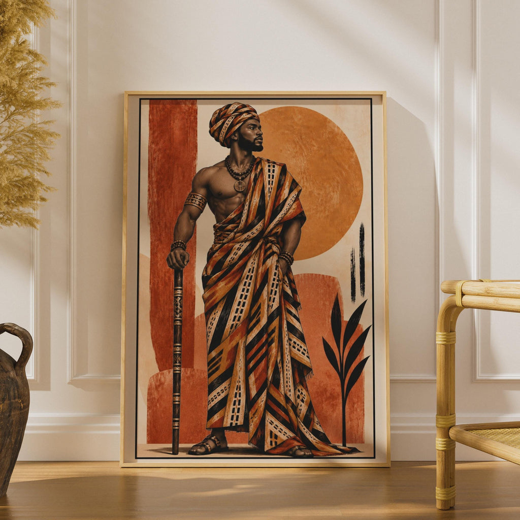 African King Kente Robe Poster, Terracotta Sun Disc, Afrocentric Wall Art Print