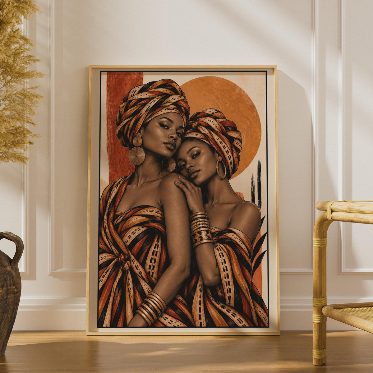 Afrocentric Women Portrait Poster, Terracotta Boho Wall Art, Gold Sun Earrings (Printed Poster)