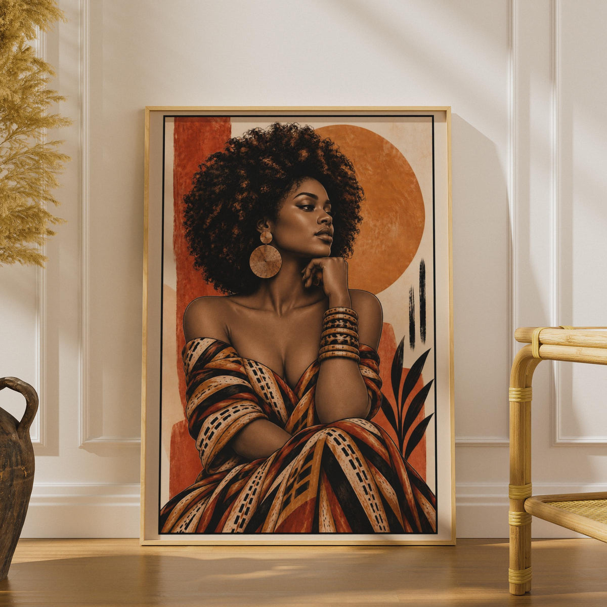 African Woman Portrait Poster, Afro Hair Art, Terracotta Boho Wall Art (Printed)