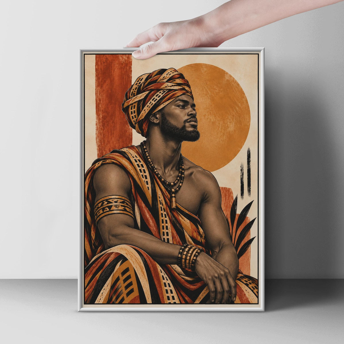 African King Portrait Poster, Terracotta Burnt Orange Tribal Warrior Art (Printed)