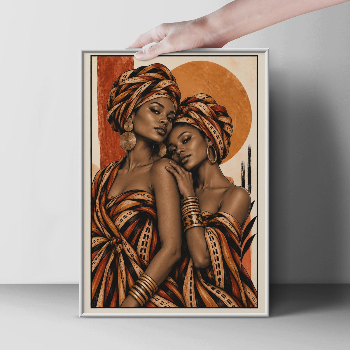 Afrocentric Women Portrait Poster, Terracotta Boho Wall Art, Gold Sun Earrings (Printed Poster)